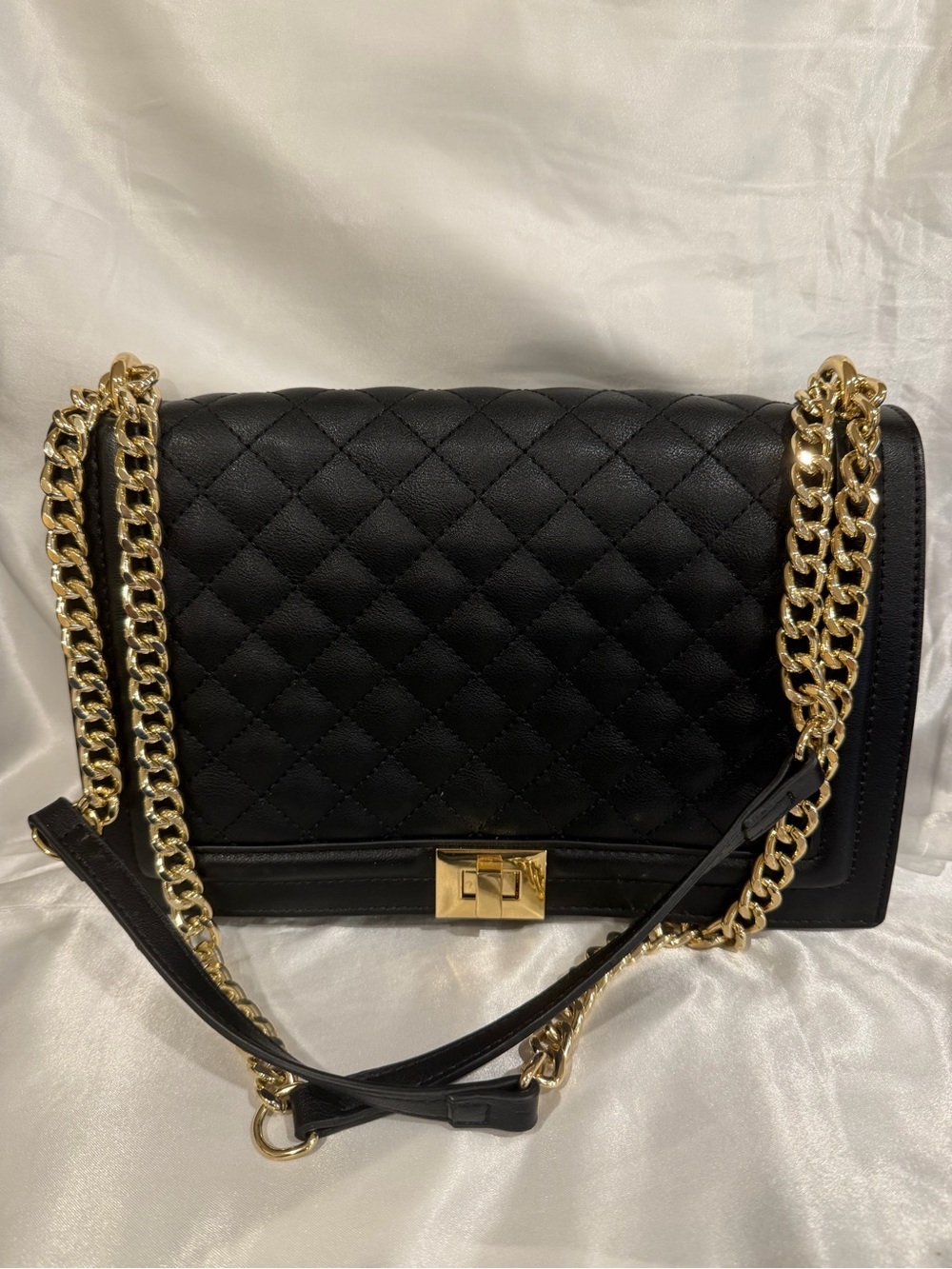 INC International Concepts Black Quilted Shoulder Bag with Gold Chain Strap